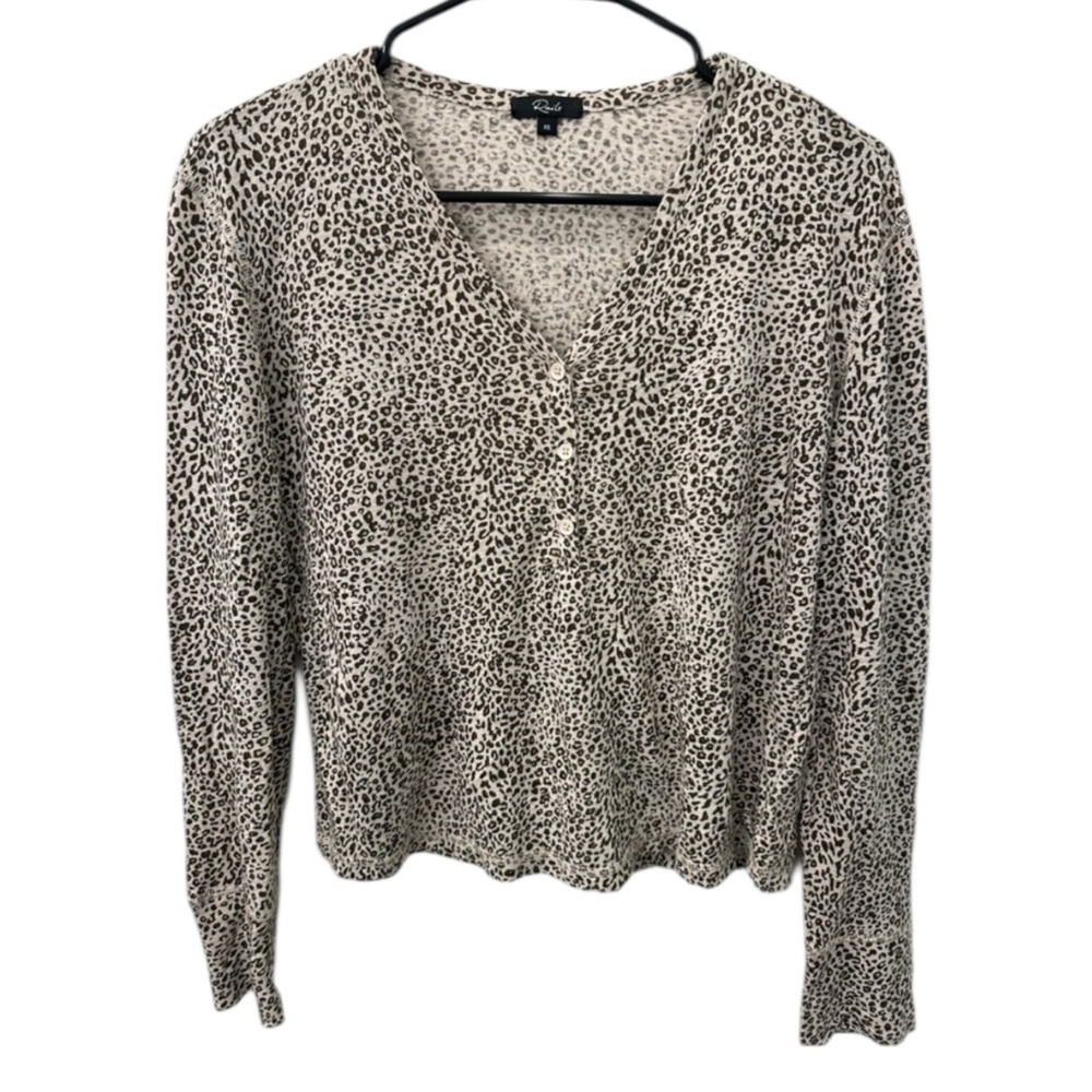 Rails Brown & Cream Leopard Print Henley Blouse XS Linen Blend